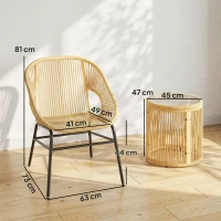Outsunny Set da Bistrò da 3 Pezzi in Rattan e Acciaio con 2 Sedie, Tavolo Rotondo con Piano in Vetro Temperato, Beige(m-3)