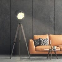 HOMCOM Floor Lamp with Adjustable Tripod for Living Room Bedroom, Vintage Spotlight Reading Lamp with Wood Legs, 115-155cm, Grey(m-2)