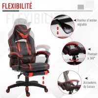 HOMCOM Chaise gaming Fauteuil Gamer Fauteuil de Bureau ergonomique avec support lombaire et Repose-Pieds revêtement synthétique Noir Rouge(m-7)