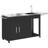 Outsunny Grillwagen Serveerwagen met Werkblad, Uitklapbare Zijplank, Kast, Spoelbak, Wielen, Roestvrij Staal 162,5x47x87cm Zwart(m-10)