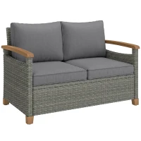 Outsunny 2 Seater Rattan Garden Sofa, Outdoor Sofa with Thickened Cushions and Acacia Wood Armrests, Dark Grey(m-1)