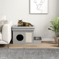 PawHut Kattenhuis, voerbak met 2 roestvrijstalen kommen, krabmat, zacht ligkussen, 78 x 48 x 49,5 cm, grijs(m-2)