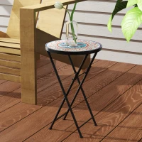 Outsunny Mozaïek Tuintafel, Opvouwbare ronde terrastafel met Metalen Frame en Keramische Tafelblad, Mozaïekpatroon, Meerkleurig(m-9)