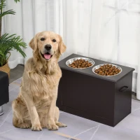 PawHut hondenbak met opbergruimte 2 bakjes voerstation kattenbak espresso(m-2)