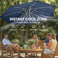 Outsunny 3 m Garden Cantilever Parasol with LED Solar Light, Round Overhanging Umbrella with 360° Rotation, Cover, Navy Blue(m-5)