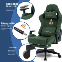 Sedia gaming con poggiapiedi, similpelle scamosciata traspirante, regolabile in altezza con pistone a gas, girevole, 70x70x135 cm, Verde(m-6)