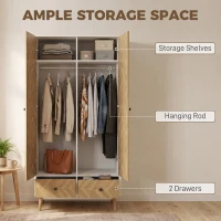 HOMCOM Cabinet Wood-Effect Sticker Surface, Modern Wardrobe with 2 Hanging Rods, 2 Storage Shelves and 2 Drawers, White(m-4)