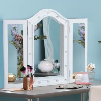 HOMCOM Espejo de Maquillaje con Luz LED Plegable Espejo Triple de Mesa Regalo Original para Mujer Cargo con Batería Espejo Cosmético con Iluminación 73x53.5x4.5cm(m-10)