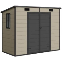 Outsunny Casetta da Giardino 2.54m² in PP e Alluminio con Pavimento, Tetto Inclinato, Doppia Porta Bloccabile, Finestra, Guanti, Marrone Chiaro(m-1)