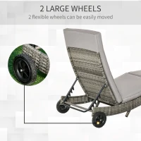 Outsunny Patio Wicker Chaise Lounge Chair, Outdoor PE Rattan Sun Lounger with Adjustable Backrest and 2 Wheels, Grey(m-7)