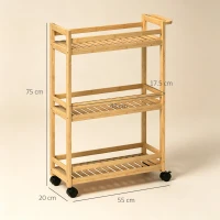 HOMCOM 3-Tier Bamboo Storage Trolley on Wheels with Handle for Kitchen, Office, Bathroom(m-3)
