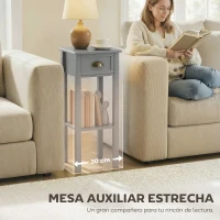 HOMCOM Mesa Auxiliar Estilo Moderno Mesita Auxiliar con Cajón y Estante de Almacenamiento 30x30x75 cm Gris(m-5)