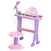 HOMCOM Teclado Electrónico Infantil 32 Teclas Juguete Musical Piano Infantil Piano para Niños con Micrófono Taburete Luces Variedad Sonidos Rítmos Melodias MP3 Karaoke Modo de Enseñanza Rosa(m-11)