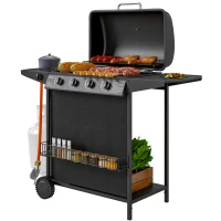 Outsunny Barbacoa de Gas con 4 Quemadores Quemador Lateral Tapa con Termómetro Parrilla y Mesa Lateral Ruedas 121x54x97 cm Negro(m-11)