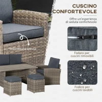 Outsunny Set Salotto da Giardino in Rattan PE con Divano 3 Posti, 2 Poltrone, 2 Sgabelli e Tavolo, Grigio(m-5)