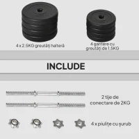 HOMCOM Set Gantere cu Greutăți de 20 kg (4x2.5 kg, 4x1.5 kg) cu 8 Discuri și 2 Gantere de 2 kg, 43x18x7.5 cm, Negru(m-6)