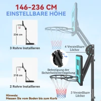 SPORTNOW Basketballkorb, 146-236 cm höhenverstellbar, Basketballständer, rollbar, Stahl, Kunststoff, Schwarz(m-4)
