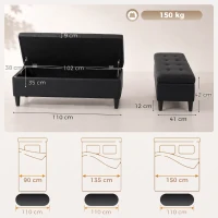 HOMCOM Banc-coffre 136 L Pouf-coffre Grand 110x41x42cm, Similicuir adapté aux animaux domestiques, Noir(m-3)