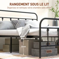 HOMCOM Cadre de lit 140 x 200 cm 2 personnes en acier sommier à lattes tête de lit et pied de lit rangement sous le lit noir(m-5)