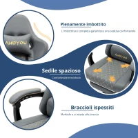 Sedia da gaming con poggiapiedi, morbido cuscino per collo e lombare, cuscini di supporto rimovibili, 60x60x122 cm, Grigio(m-5)