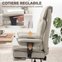 HOMCOM Scaun de Birou Rotativ Rabatabil 135°, Piele Ecologică, Suport pentru Picioare, Cotiere și Înălțime Reglabile, Gri Deschis(m-5)