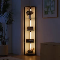 HOMCOM LED Floor Lamp with Shelves, Dimmable Standing Lamp with Foot Switch for Living Room, Bedroom, Black(m-10)