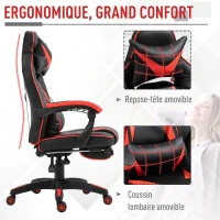 HOMCOM Chaise gaming Fauteuil Gamer Fauteuil de Bureau ergonomique avec support lombaire et Repose-Pieds revêtement synthétique Noir Rouge(m-4)