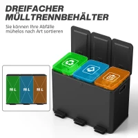 HOMCOM Afvalemmer met 3 x 15 L compartimenten, deodorantdeksels, vingerafdrukbestendig, soft-close, verwijderbaar, Zwart(m-4)