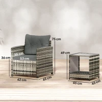 Outsunny Salon de Jardin Extérieur 3 Pièces en Résine Tressée Table et 2 Fauteuils avec Coussins, 62x65x75cm, Gris Clair(m-3)