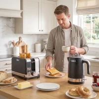 HOMCOM waterkoker- en broodroosterset, 1,7 l 2200 W snelkokende waterkoker met thermostaat, 2-sleufs broodrooster, grijs(m-9)