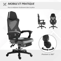 Vinsetto Chaise de bureau fauteuil gaming hauteur réglable dossier roulettes pivotantes repose-pied tissu en maille 58L x 63l x 112-122H cm gris noir(m-6)