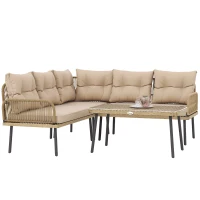 Outsunny Mobilier de grădină din ratan cu 2 canapele, fotoliu colțar cu perne și măsuță din sticlă, culoare lemn(m-11)
