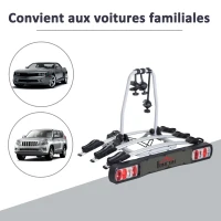 HOMCOM Porte-vélos d'attelage 3 vélos -Porte-vélos sur Boule d'attelage Broches 3 vélos - Sangles de sécurité, Bloque-Cadres intégrés - Espace Plaque immatriculation - alu. Noir(m-6)