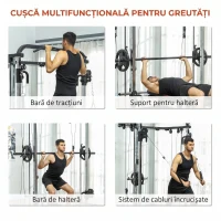 SPORTNOW Stație multifuncțională fitness 3 în 1 cu sistem reglabil de cabluri încrucișate, suport reglabil pentru genuflexiuni, bară pentru halteră, bară de tracțiuni(m-4)