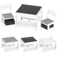 HOMCOM Conjunto de Mesa e 2 Cadeiras Infantis 2 em 1 com Ardósia Gavetas de Tecido e Espaço de Armazenamento para Quarto Cinza(m-1)