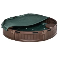Outsunny Sand Pit Kids Outdoor Plastic Round Sandbox w/ Water-Resistant Oxford Cover Bottom Fabric Liner for 3-12 years Brown(m-10)