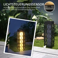 Outsunny Rieten Buitenlamp, Zonne Tuinlamp, Automatische Aan/Uit, LED, Weerbestendig, Metalen Frame, 20 x 20 x 68cm, Grijs(m-6)