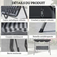 Outsunny Balancelle de Jardin 3 Places Toit imperméabilisé Inclinaison réglable Coussins Assise Dossier gris, blanc rayé(m-5)