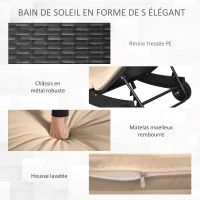 Outsunny Bain de soleil transat grand confort - dossier inclinable 5 positions roulettes - matelas déhoussable inclus - résine tressée noire et beige(m-6)