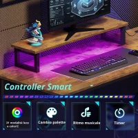 Scrivania angolare a L con LED RGB, ripiani aperti, alzata monitor ergonomica, 122x80x87,5 cm, Marrone(m-6)