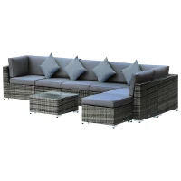 Outsunny 8 Piece Rattan Corner Sofa Set with Wide & Deep Seat, Assembled Aluminium PE Rattan Garden Furniture Set with Thick Cushions and Glass Top Table for Outdoor, Conservatory, Grey(m-10)