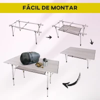 Outsunny Mesa de Pícnic Portátil de Aluminio con Altura Ajustable Estante y Bolsa de Transporte 120x69x59-78 cm Plata(m-4)