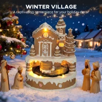 HOMCOM Christmas Gingerbread House, Lighted Musical Snow Village with Rotating Train, LEDs, Tunes, Battery Operated(m-4)