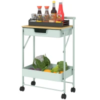 HOMCOM Carrito Auxiliar con Ruedas de 2 Niveles con Cajón Encimera y Cesta de Rejilla para Dormitorio Baño Cocina Verde Claro(m-12)