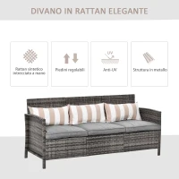 Outsunny Divanetto da Esterno 3 Posti in Rattan PE, Divano da Esterno con Cuscini Imbottiti e Removibili, per Terrazzo, Patio e Giardino, 173x68x78 cm, Grigio(m-4)