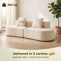 HOMCOM Canapea 3 locuri curbată, catifea cu nervuri 245cm, canapea living, șezut adânc, 2 perne, livrat comprimat, crem(m-3)