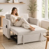 HOMCOM 3-in-1 2‑Sitzer Schlafsofa, Clic‑Clac Schlafsofa aus hollandischem Samt, verstellbare Rückenlehne, 2 Kissen, Beige(m-2)