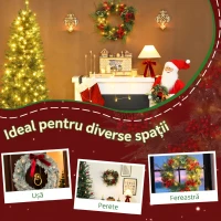 HOMCOM Ghirlandă de Crăciun de 60 cm cu lumini LED albe, timer, conuri, boabe și frunze de ilex, verde(m-7)