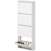 HOMCOM Smalle Metalen Schoenenkast voor Maximaal 8 Paar Schoenen, 4 Klaplades, voor Hal en Entree, Wit(m-10)