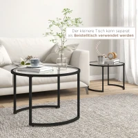HOMCOM 2-delige Bijzettafels Salontafels Industrieel Design, Glazen Tafels, stapelbaar, Zwart + Transparant(m-5)